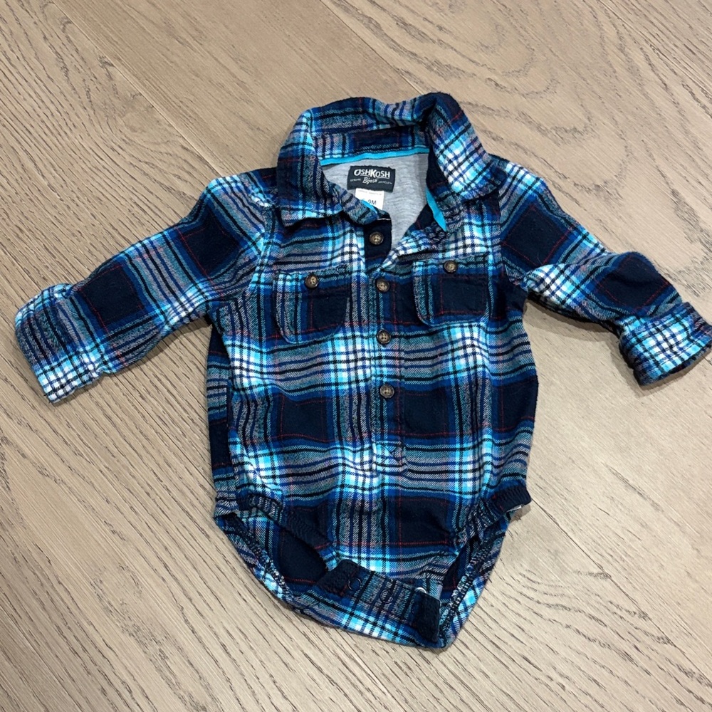 Osh Kosh B’gosh Navy and White Plaid Button-Down Onesie